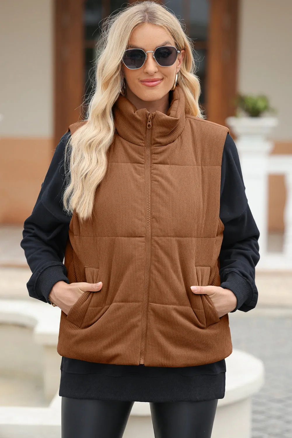Women’s Zip Up Turtleneck Vest Coat with Pockets | High-Quality Polyester